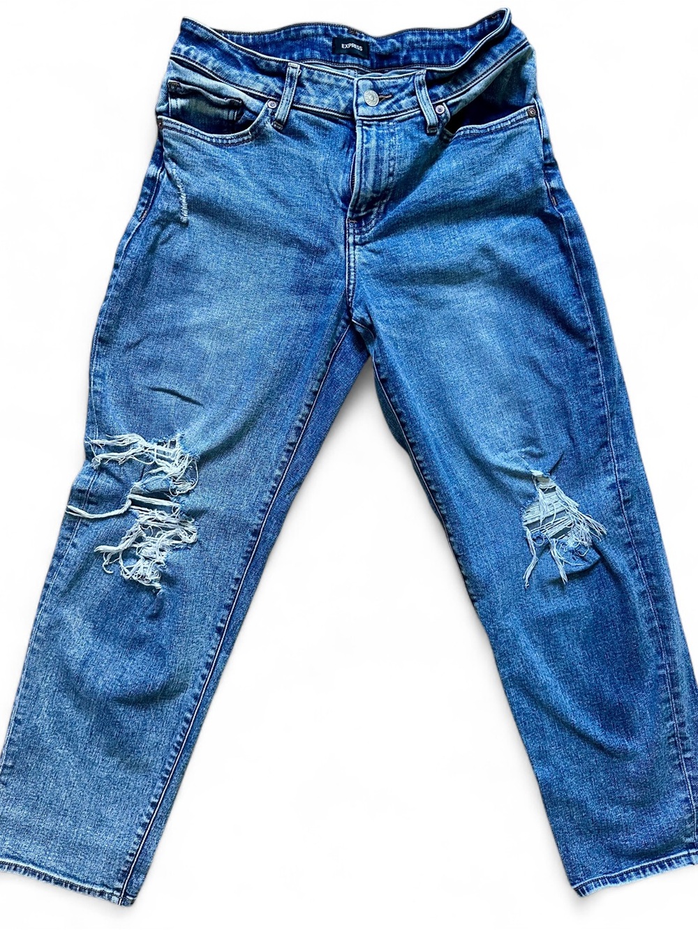 Express Distressed Boyfriend Jeans in Blue Denim
